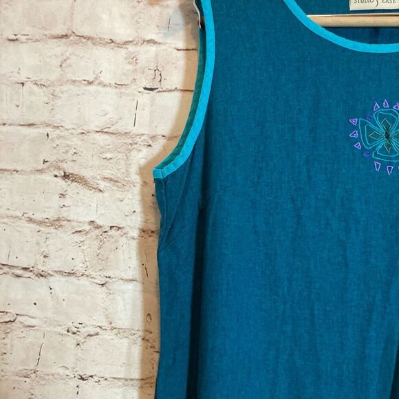 Vintage Studio Ease Midi Dress Womens 14 Linen Teal Turquoise Safari Elephant - Picture 6 of 13